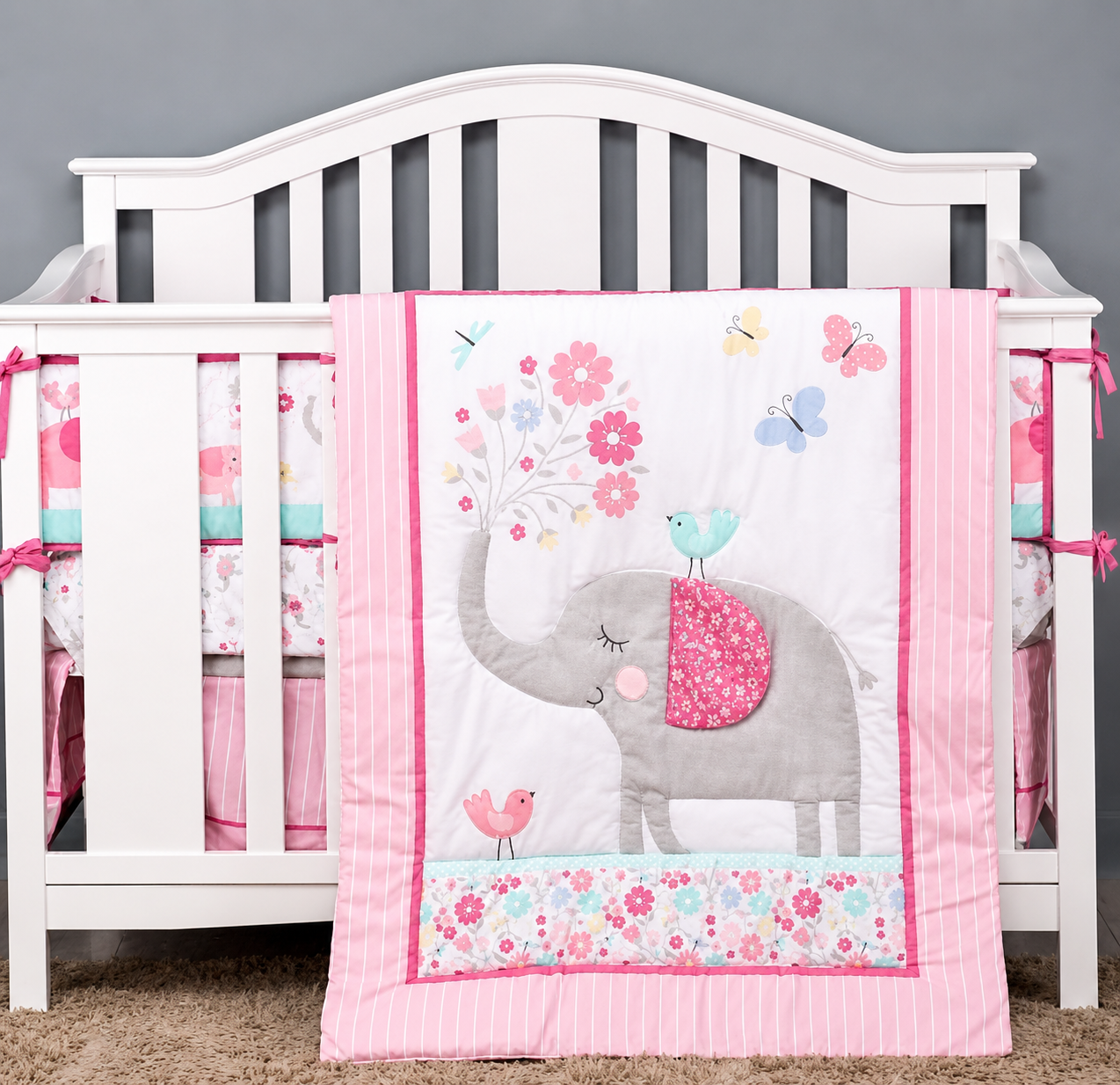 Crib Set Elephant Flowers